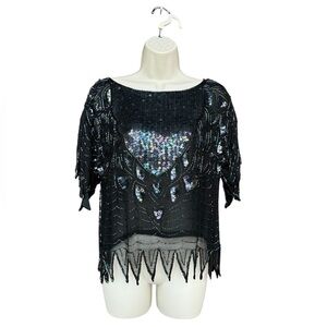 1970s SWEE LO vintage Black Silk Beaded Sequin Iridescent Blouse Shirt Size PM